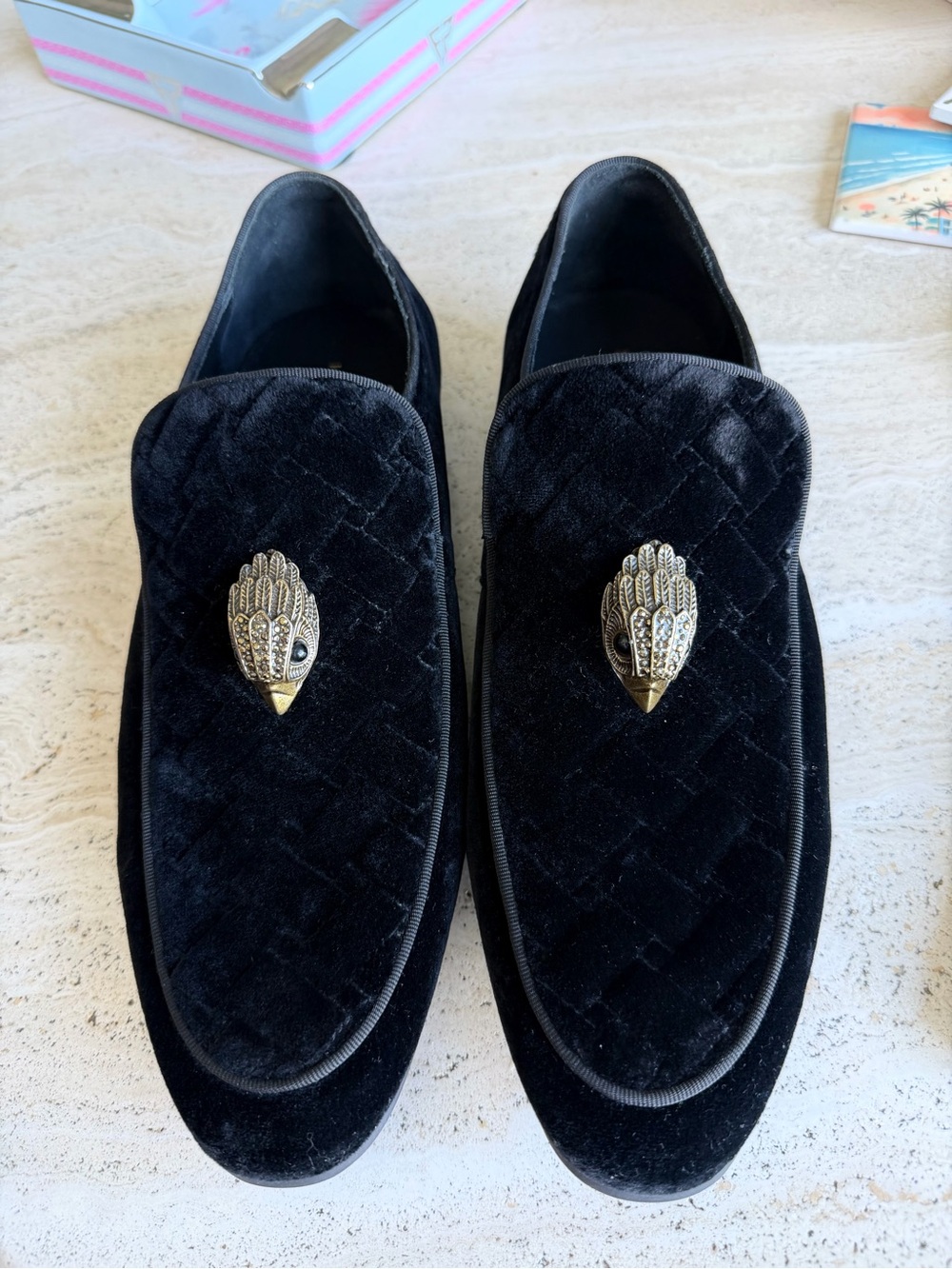Kurt Geiger London Hugh Eagle Head Black Velvet Loafers